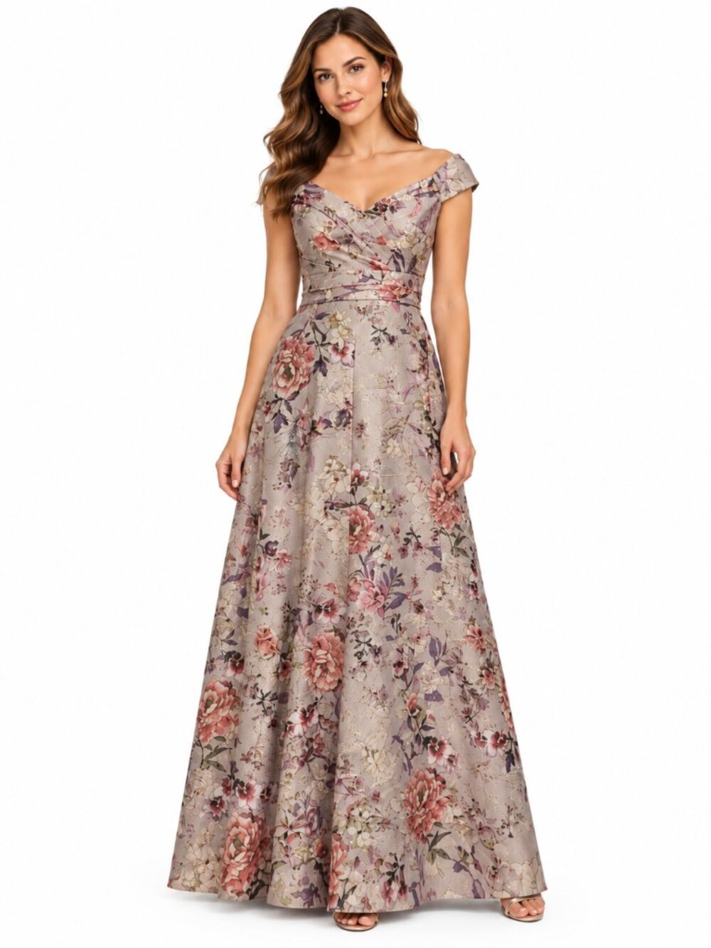 Adrianna Papell Grey Multi Floral Off-Shoulder Jacquard Ballgown Size 2 NWT